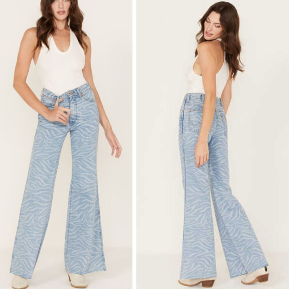 Wrangler Women's 33 Denim Meow Laser Tiger Print Wanderer Flare Jeans Retro Boho - Picture 4 of 17